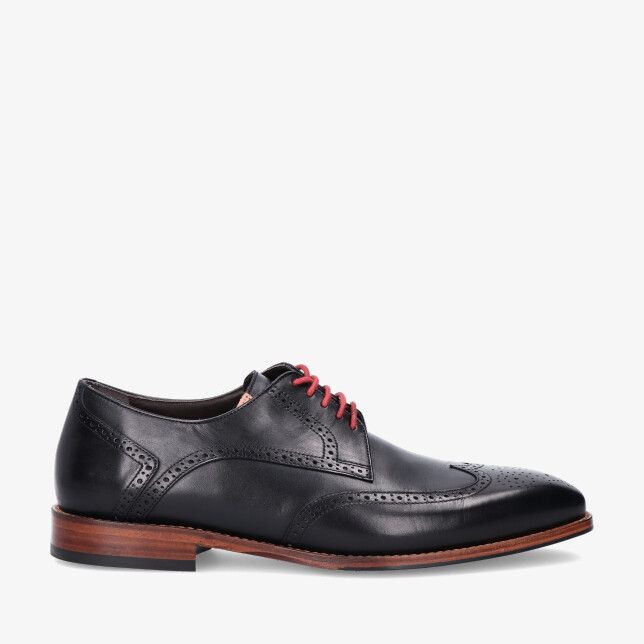 Zwarte leren Gijs veterschoen 2062 604 6094 met brogue details en rode veters op bruine zool