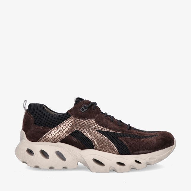 Bruine suède Durea FLOWMOTION 6309 602 2381 sneaker met mesh en slangenprint accenten op dikke beige zool met uitsparingen